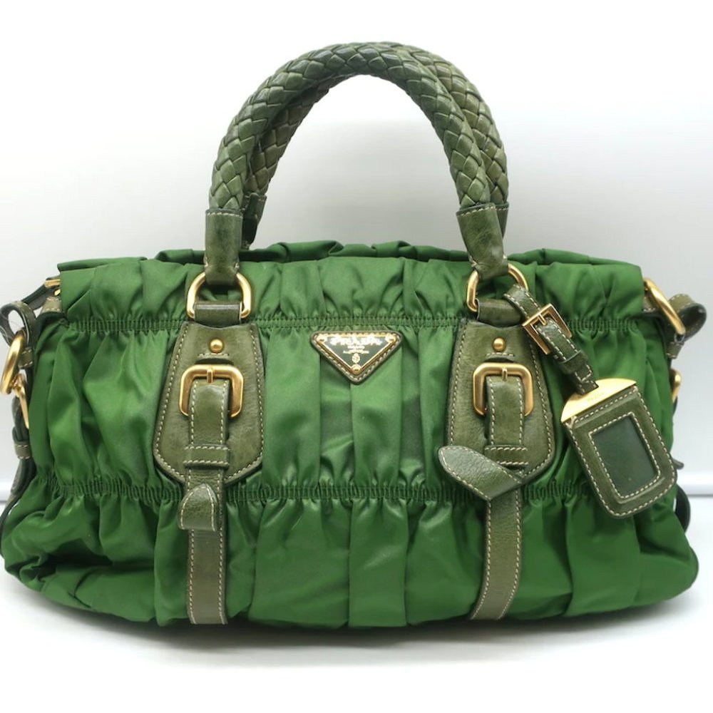 Prada Tessuto Gaufre Braided Handle Satchel Green Nylon Medium Crossbody Bag - Picture 3 of 12